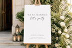 Minimalist wedding welcome sign mockup, elegant we’re married let’s party sign template, modern wedding reception sign, luxury white floral wedding decor, editable Canva wedding signage, A1 wedding entrance sign, classy wedding poster printable