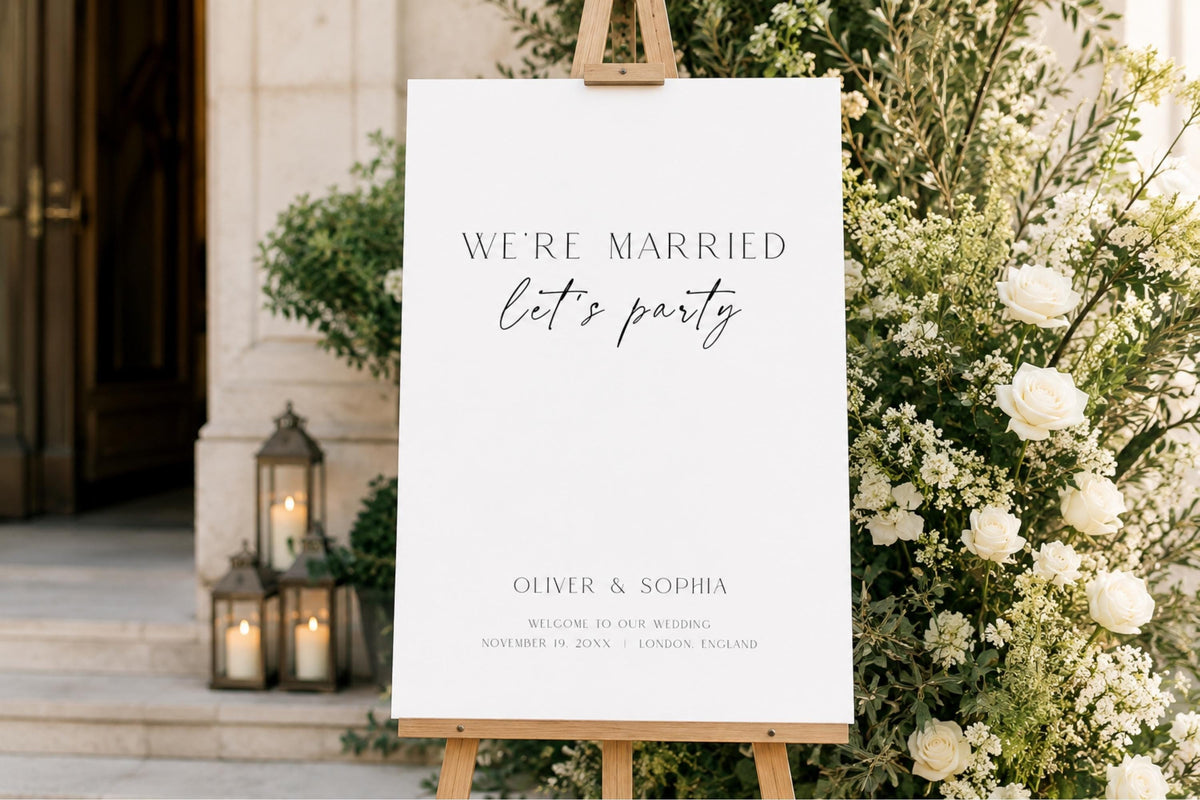 Minimalist wedding welcome sign mockup, elegant we’re married let’s party sign template, modern wedding reception sign, luxury white floral wedding decor, editable Canva wedding signage, A1 wedding entrance sign, classy wedding poster printable