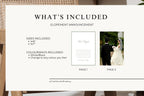 What’s included in the elopement announcement template graphic, showing the two card designs, included 5 × 7 inch size and editable colour options.