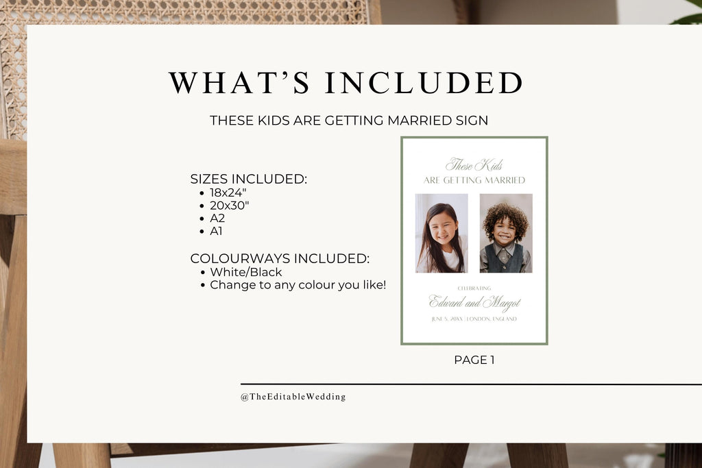 What’s included in the “These Kids Are Getting Married” wedding sign template, showing the sign design, included sizes and customisable text, photos and colours.