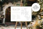 Printable Sip and Solve wedding sign displayed on an easel at a softly lit wedding venue, with a badge listing the included sign sizes.