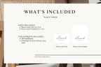 What’s included overview for printable Canva place card template – flat and folded sizes with font and colour change options