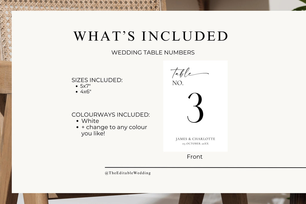 What’s included listing image – Canva template link for editable wedding table numbers in sizes 4x6" and 5x7", printable reception table sign template.