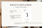 What’s included listing image – Canva template link for editable wedding table numbers in sizes 4x6" and 5x7", printable reception table sign template.