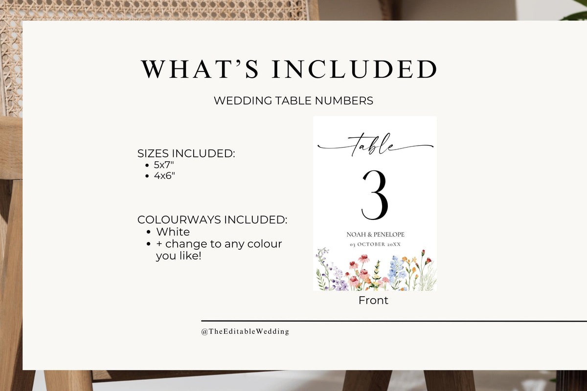 What’s included preview of editable wedding table number template, Canva wildflower floral table card in 4x6 and 5x7 sizes for printable decor.