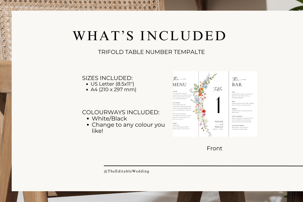 What’s included template preview for wildflower trifold wedding table number menu and bar sign, editable Canva floral printable wedding stationery