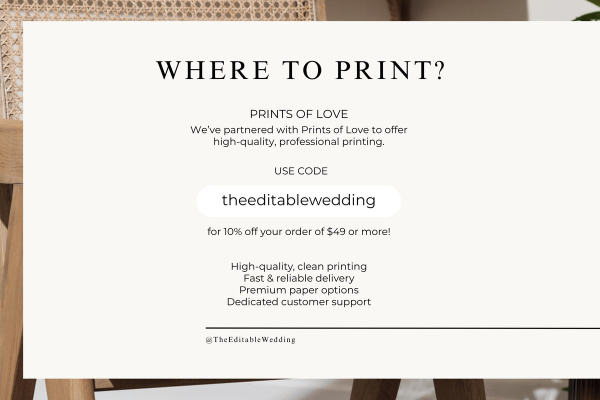 Editable wedding template printing guide with Prints of Love discount code, minimalist wedding signage Canva template, where to print wedding invitations, modern wedding stationery bundle