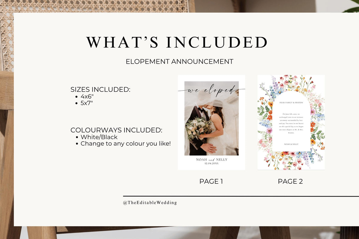 What's included wedding announcement template bundle, editable we eloped announcement Canva templates, wedding photo card digital download, printable floral wedding stationery set, instant access Canva wedding templates