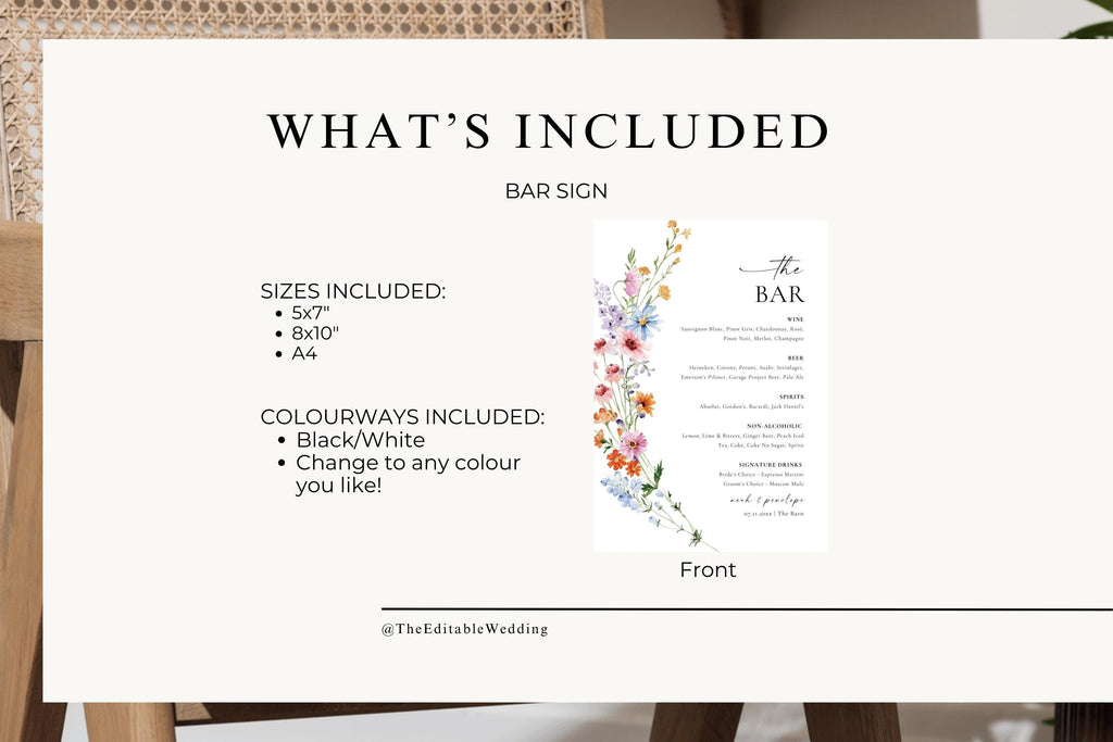 Printable bar menu template details, minimalist wildflower design, modern Canva editable wedding bar sign, sizes 5x7, 8x10, A4 included.
