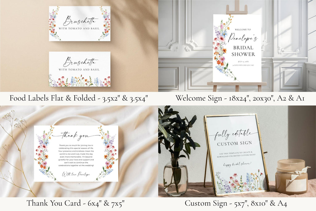 Editable bridal shower welcome sign and thank you card from the Love in Bloom wildflower collection. Matching floral Canva templates for modern spring bridal showers.