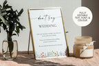 Editable Canva wedding sign with wildflower floral design from the Love in Bloom bridal collection. Perfect for bridal shower or garden wedding decor.