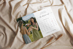 Flatlay of bridesmaid proposal calendar card printable on neutral fabric, customizable Canva template for wedding party proposal and maid of honor card