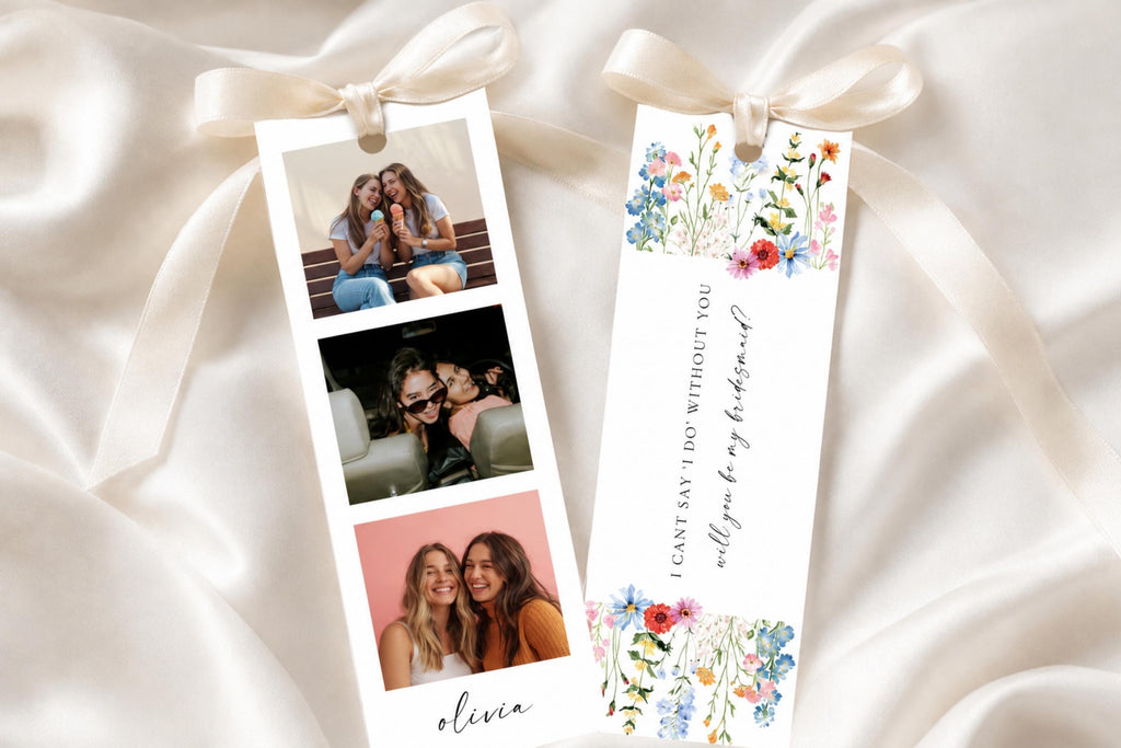 Editable bridesmaid proposal bookmark template with photo strip, floral bridesmaid gift printable, Canva wedding party proposal keepsake