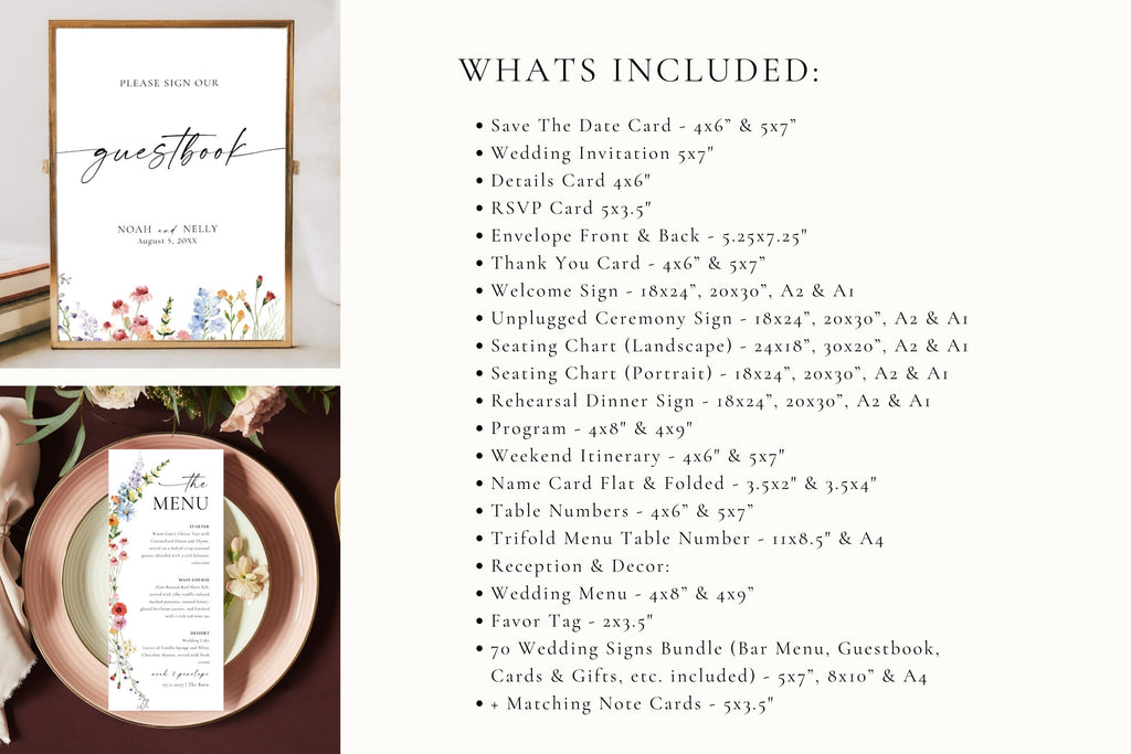 Wildflower wedding stationery bundle what’s included page with full list of 85+ Canva templates including invitations, programs, menus, table numbers, and wedding signs