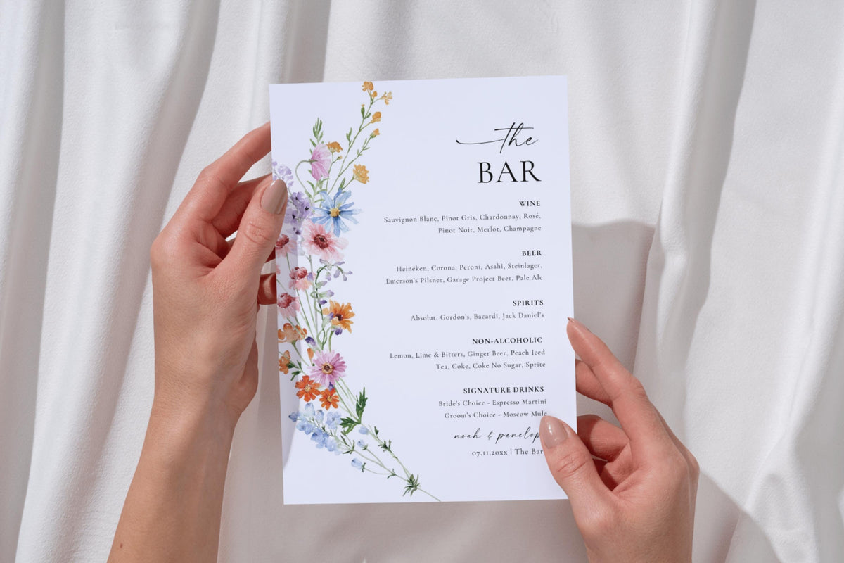 Printable wedding bar menu sign held in hands, minimalist wildflower Canva template, modern editable bar drinks sign for rustic or boho wedding
