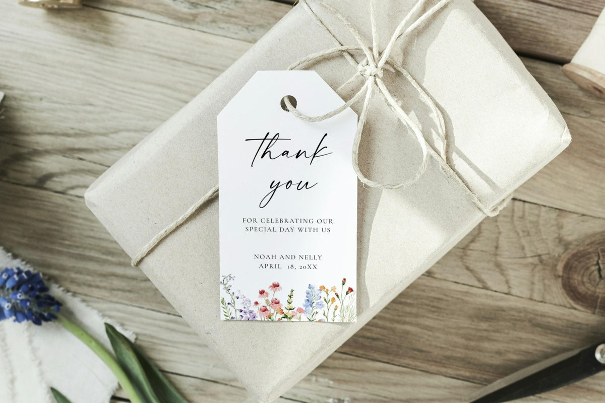 Wildflower wedding favor tag template tied to gift box, editable Canva thank you tag printable, rustic boho floral wedding stationery