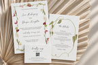 Coordinating floral wedding invitation, details and QR code RSVP card templates arranged on a woven background, with pink blooms, green botanical borders and elegant typography for a garden wedding stationery suite.