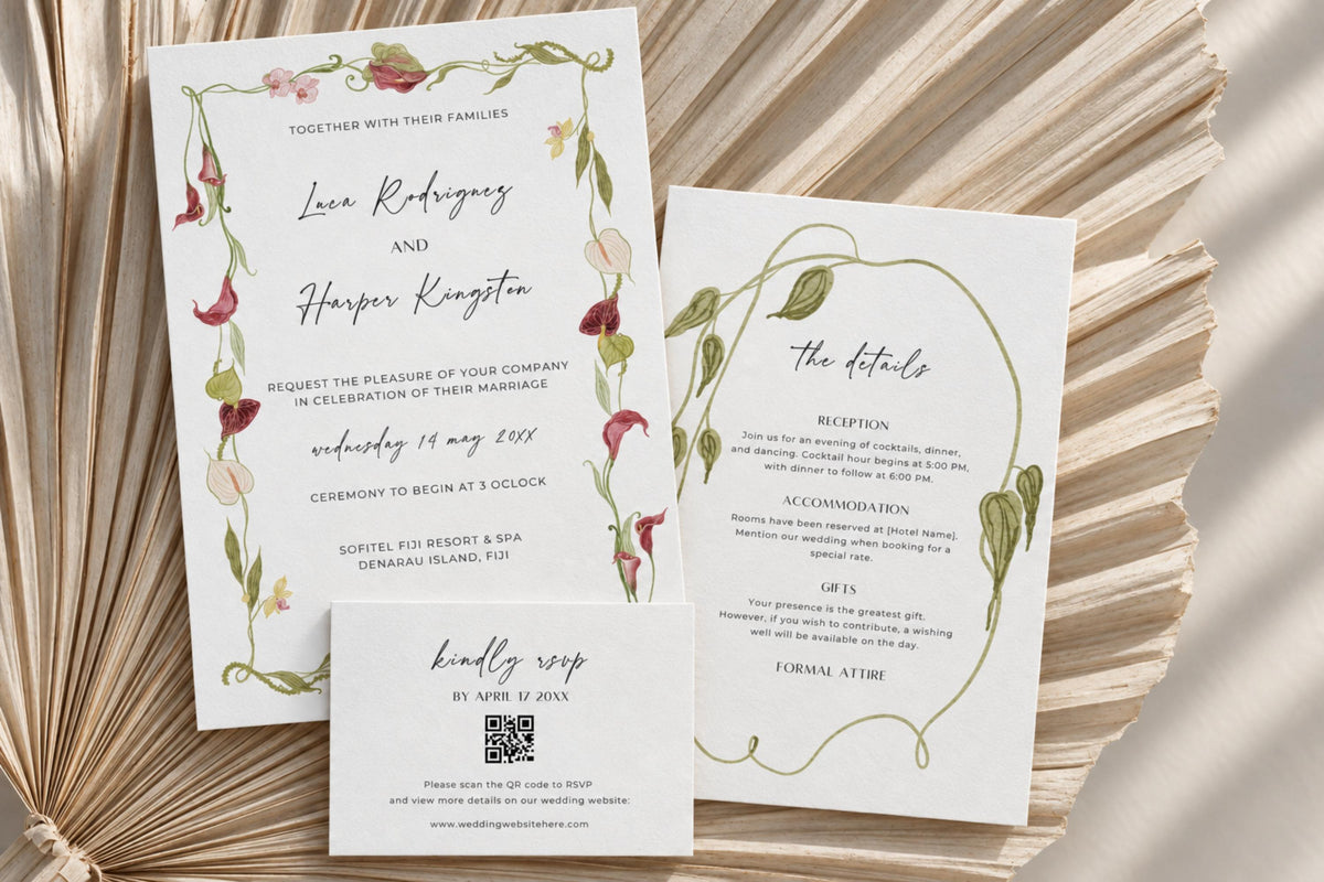 Coordinating floral wedding invitation, details and QR code RSVP card templates arranged on a woven background, with pink blooms, green botanical borders and elegant typography for a garden wedding stationery suite.