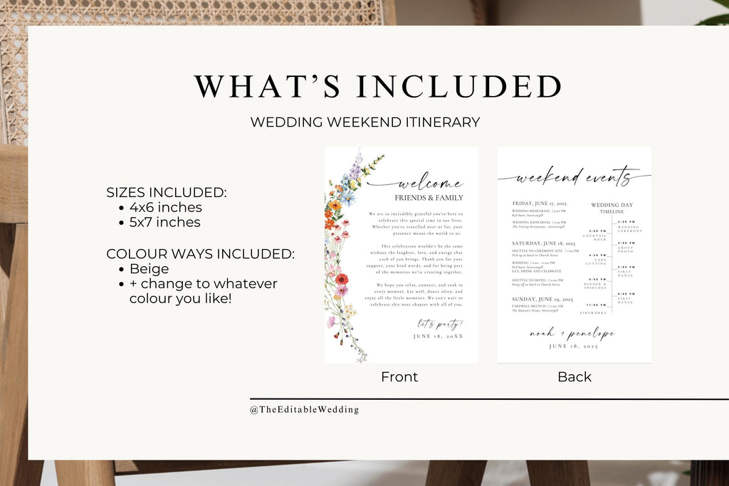 What’s included overview for wildflower wedding itinerary template, editable Canva files with front and back weekend event cards.