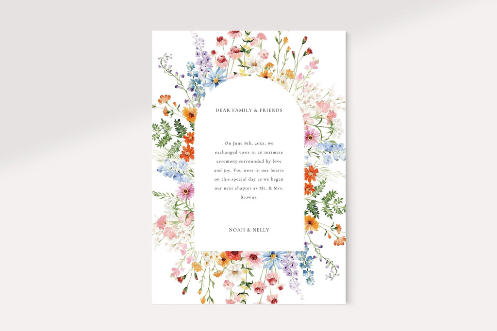 Wildflower floral wedding announcement card template, editable we eloped announcement Canva template, printable botanical wedding stationery, colorful floral wedding card, romantic newlywed announcement, instant download