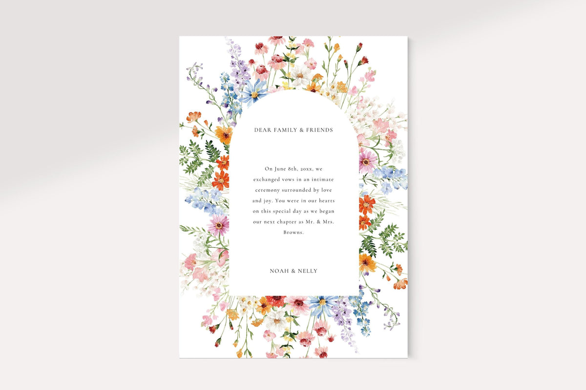 Wildflower floral wedding announcement card template, editable we eloped announcement Canva template, printable botanical wedding stationery, colorful floral wedding card, romantic newlywed announcement, instant download