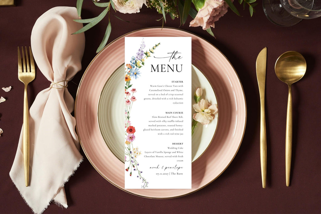 Wildflower wedding menu card template on pink plate with gold cutlery, boho floral reception dinner menu printable, editable Canva wedding stationery