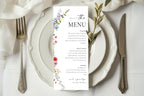 Rustic wildflower wedding menu template styled on white plate with neutral table setting, printable boho floral Canva reception dinner menu