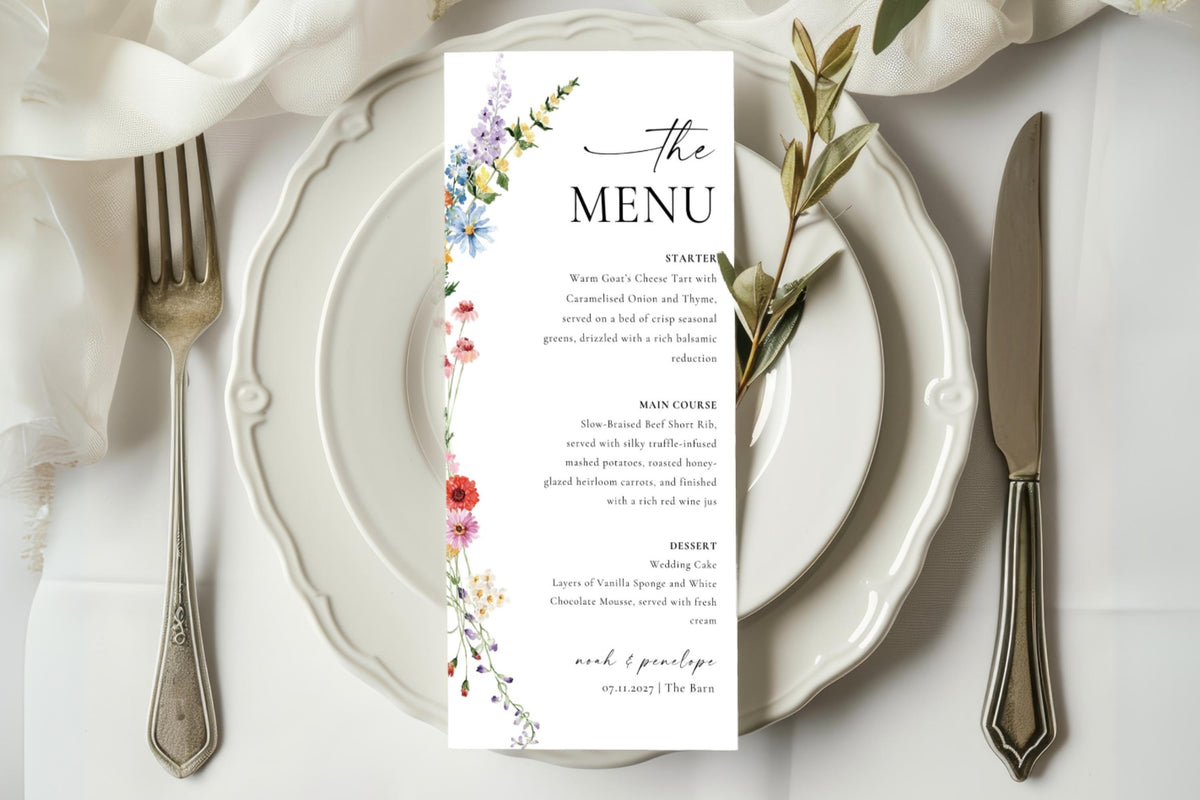 Rustic wildflower wedding menu template styled on white plate with neutral table setting, printable boho floral Canva reception dinner menu