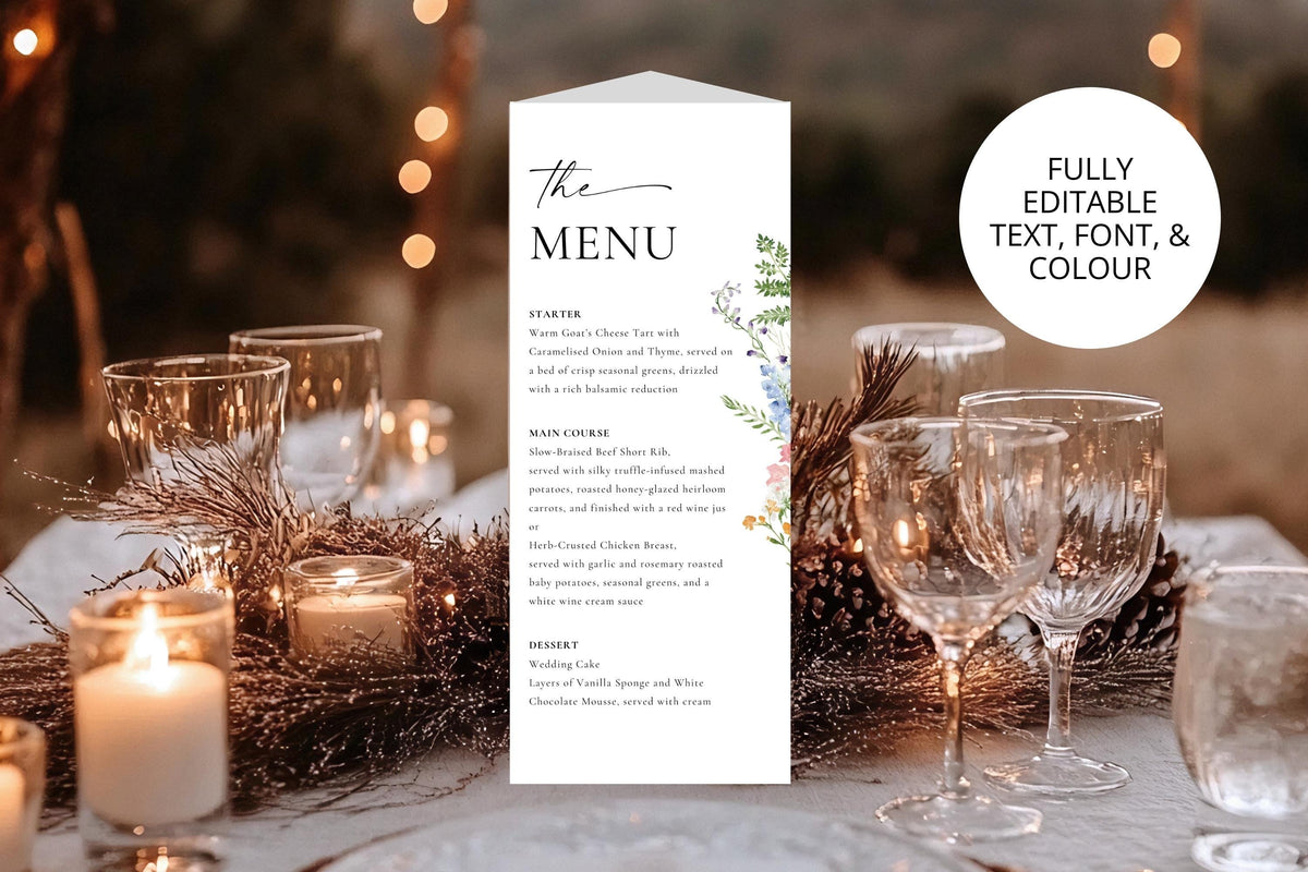 Printable wildflower wedding menu template with trifold table number card, editable Canva floral design, DIY wedding reception stationery