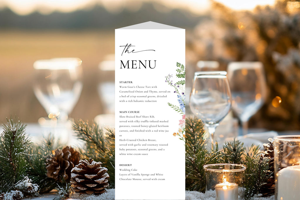 Rustic wildflower wedding menu trifold table card, editable Canva template for wedding reception food menu and drinks list, printable floral stationery