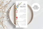 Editable Canva wildflower wedding menu template with watercolor floral border, printable boho chic wedding dinner menu card design