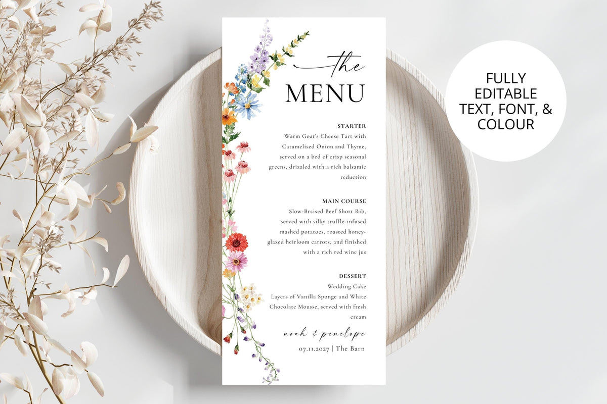 Editable Canva wildflower wedding menu template with watercolor floral border, printable boho chic wedding dinner menu card design