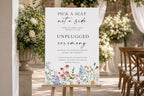 Editable unplugged ceremony wedding sign template, printable floral ceremony announcement sign, elegant Canva wedding signage download
