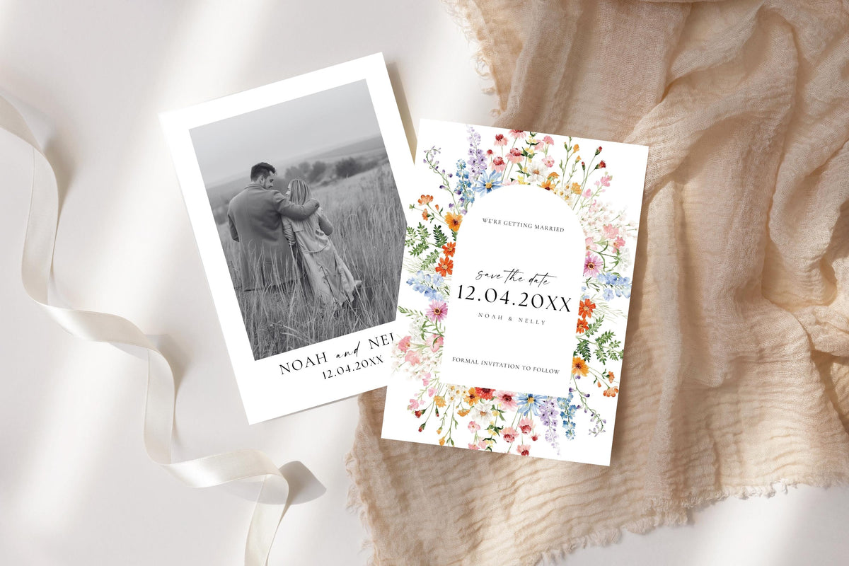 Wildflower Save the Date card with photo and floral arch design, editable Canva wedding template, printable boho rustic wedding stationery set