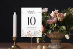 Printable wildflower wedding table numbers sign, editable Canva template displayed with candle and floral centerpiece for rustic boho reception.