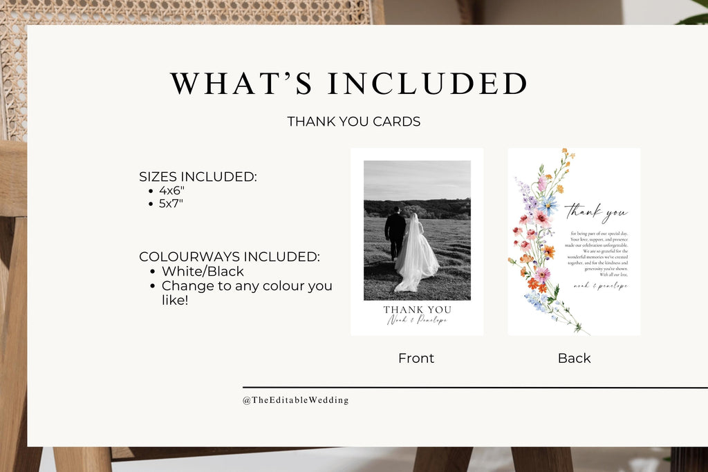 What’s included in Canva thank you card template bundle – wedding photo card and wildflower floral card, editable 4x6 and 5x7 sizes