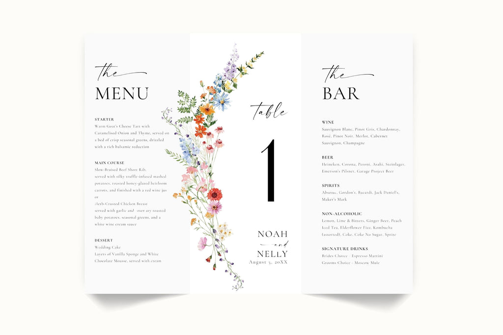 Editable Canva wildflower trifold wedding table number menu and bar sign template, printable floral DIY reception stationery flat lay