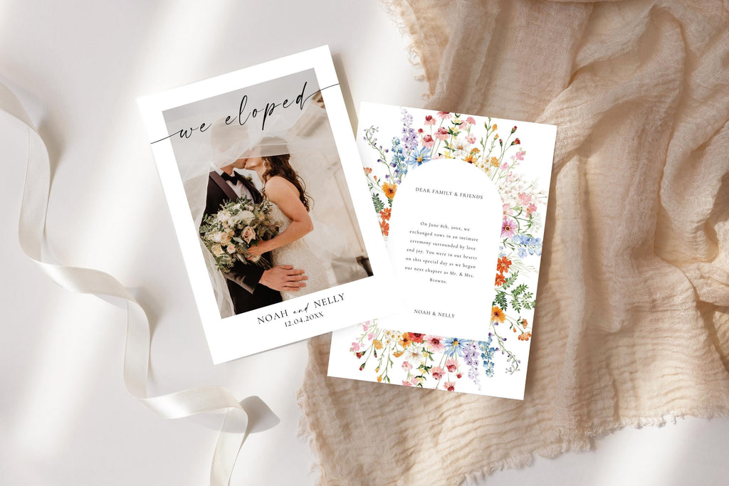 Editable wildflower wedding elopement announcement template, photo wedding announcement card, we eloped printable Canva template, floral wedding card, editable newlywed announcement, modern romantic wedding stationery, digital download