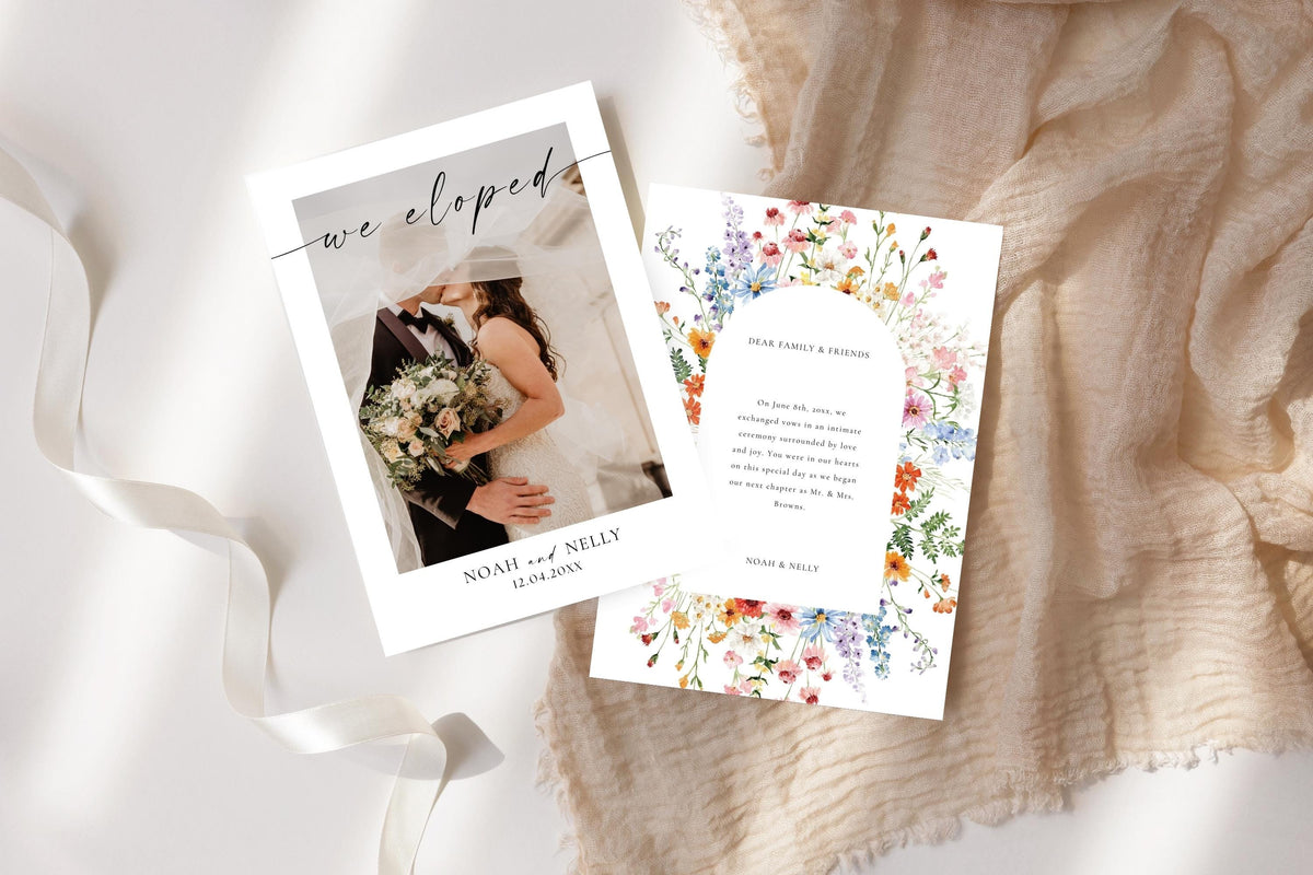 Editable wildflower wedding elopement announcement template, photo wedding announcement card, we eloped printable Canva template, floral wedding card, editable newlywed announcement, modern romantic wedding stationery, digital download