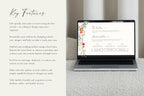 Key features of wildflower wedding website template shown on laptop, editable Canva wedding website with customization options, fonts, colors and layout details