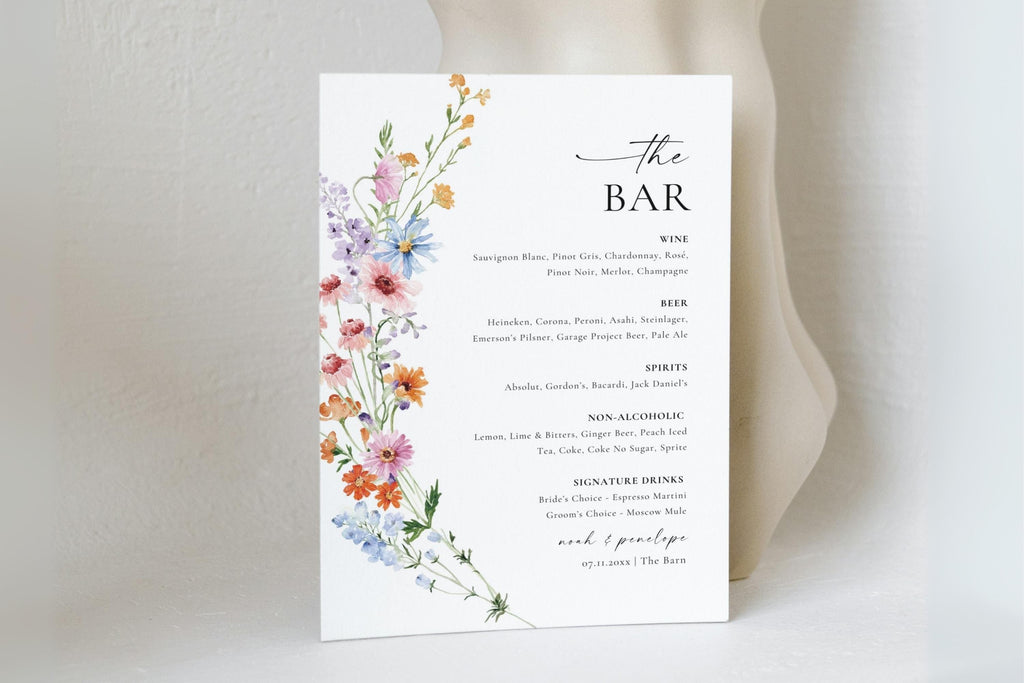 Minimalist wildflower wedding bar menu sign, modern editable Canva template with watercolor floral design, printable drink menu for reception bar décor.