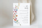 Minimalist wildflower wedding bar menu sign, modern editable Canva template with watercolor floral design, printable drink menu for reception bar décor.