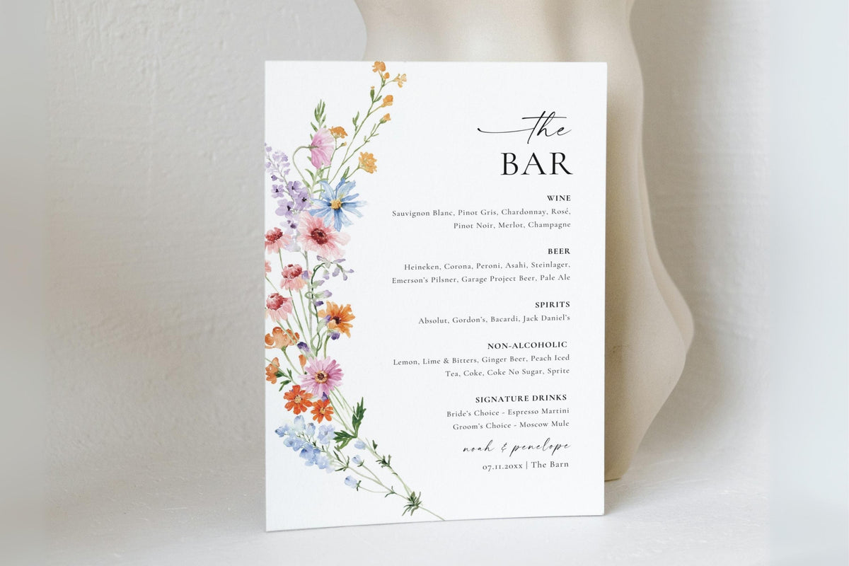 Minimalist wildflower wedding bar menu sign, modern editable Canva template with watercolor floral design, printable drink menu for reception bar décor.
