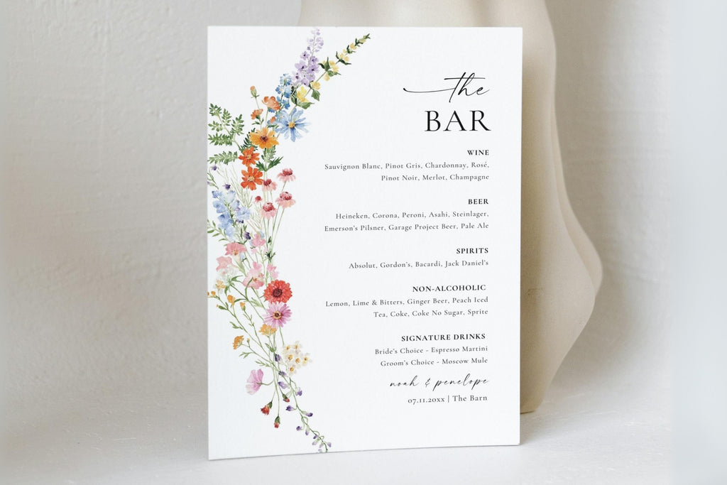 Wildflower bar menu sign template, editable Canva wedding reception signage with floral garden design, instant download