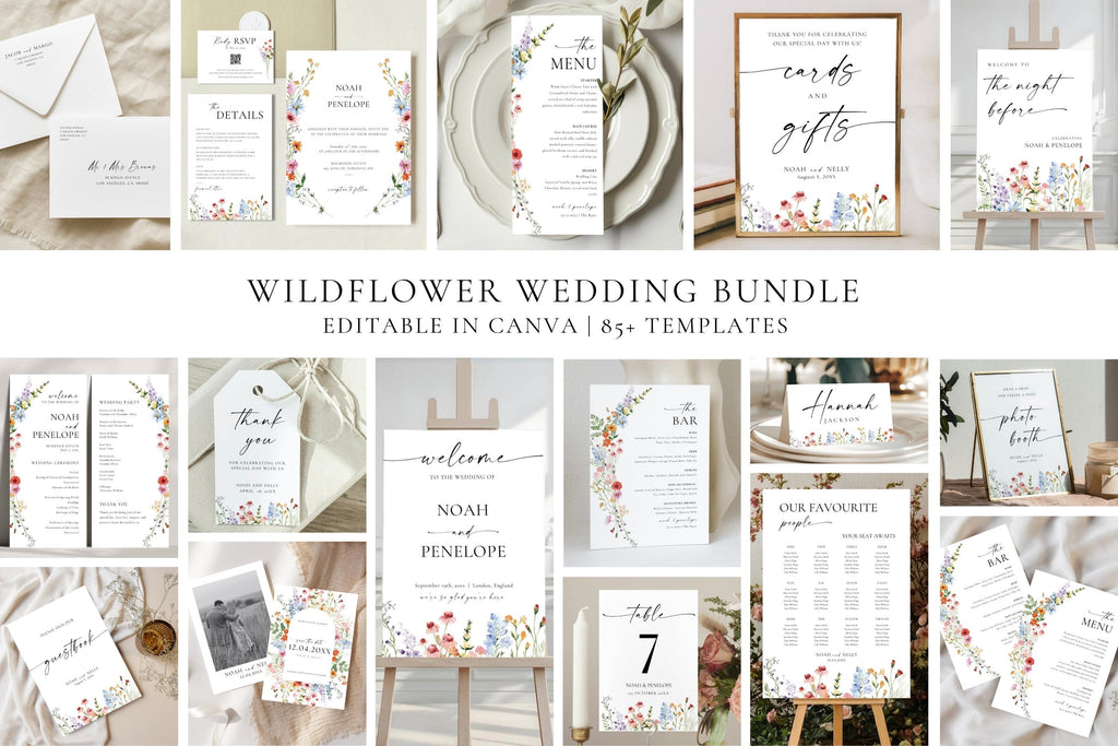 Wildflower wedding bundle Canva template collage with 85+ editable designs including invitations, menus, seating charts, welcome signs, bar menus, and day-of stationery