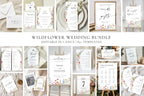 Wildflower wedding bundle Canva template collage with 85+ editable designs including invitations, menus, seating charts, welcome signs, bar menus, and day-of stationery
