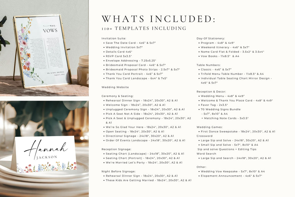 Editable wedding signs bundle includes welcome sign, seating chart, menu, table numbers, bar sign, guestbook sign, Canva wedding templates printable