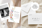 Editable wildflower thank you card and wedding invitation suite with rustic floral stationery and matching envelope template printable in Canva