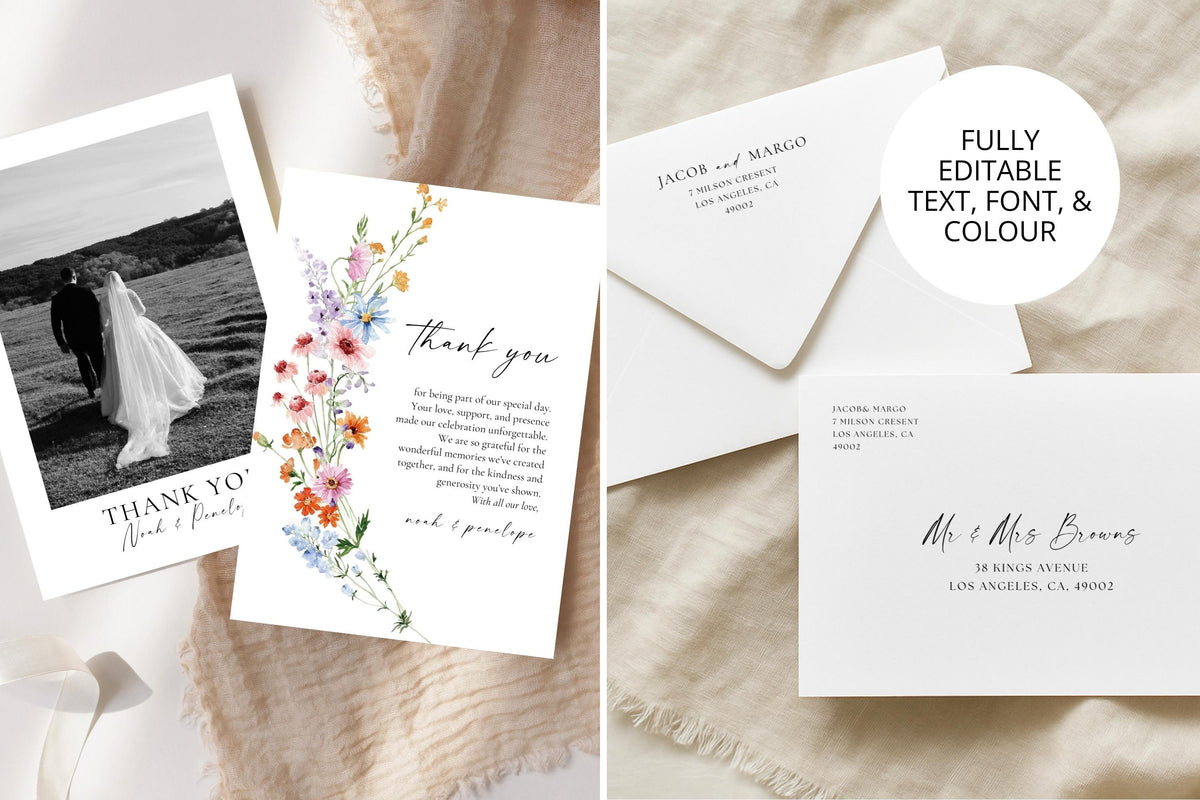 Editable wildflower thank you card and wedding invitation suite with rustic floral stationery and matching envelope template printable in Canva