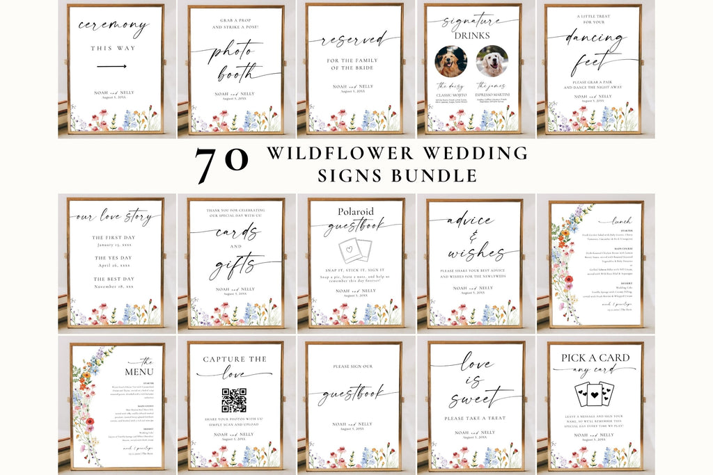 70 wildflower wedding signs bundle, editable Canva templates, floral reception signage set, printable boho wedding table signs